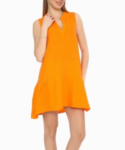 Orange Striped Muslin Sleeveless Mini Dress RI10