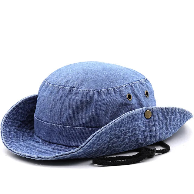 Denim Cowboy Bucket Hat with String Sun Hat - Image 6