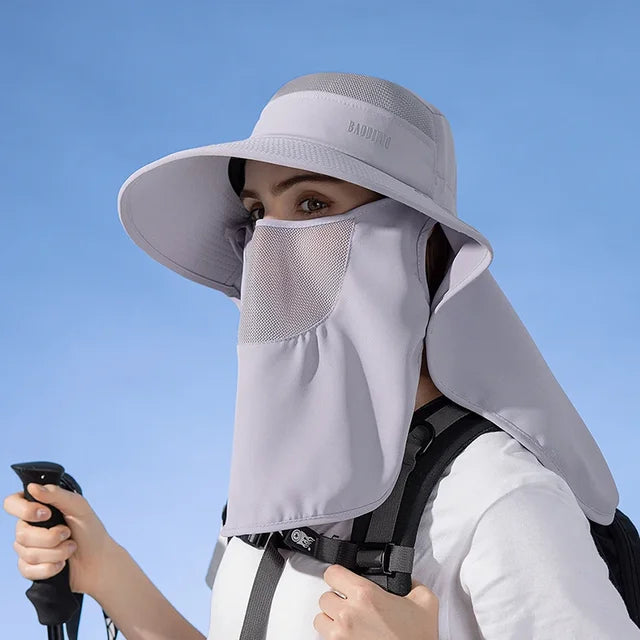 Detachable Face Mask Shawl Wide Brim Boonie Hat with Ponytail Hole - Image 13