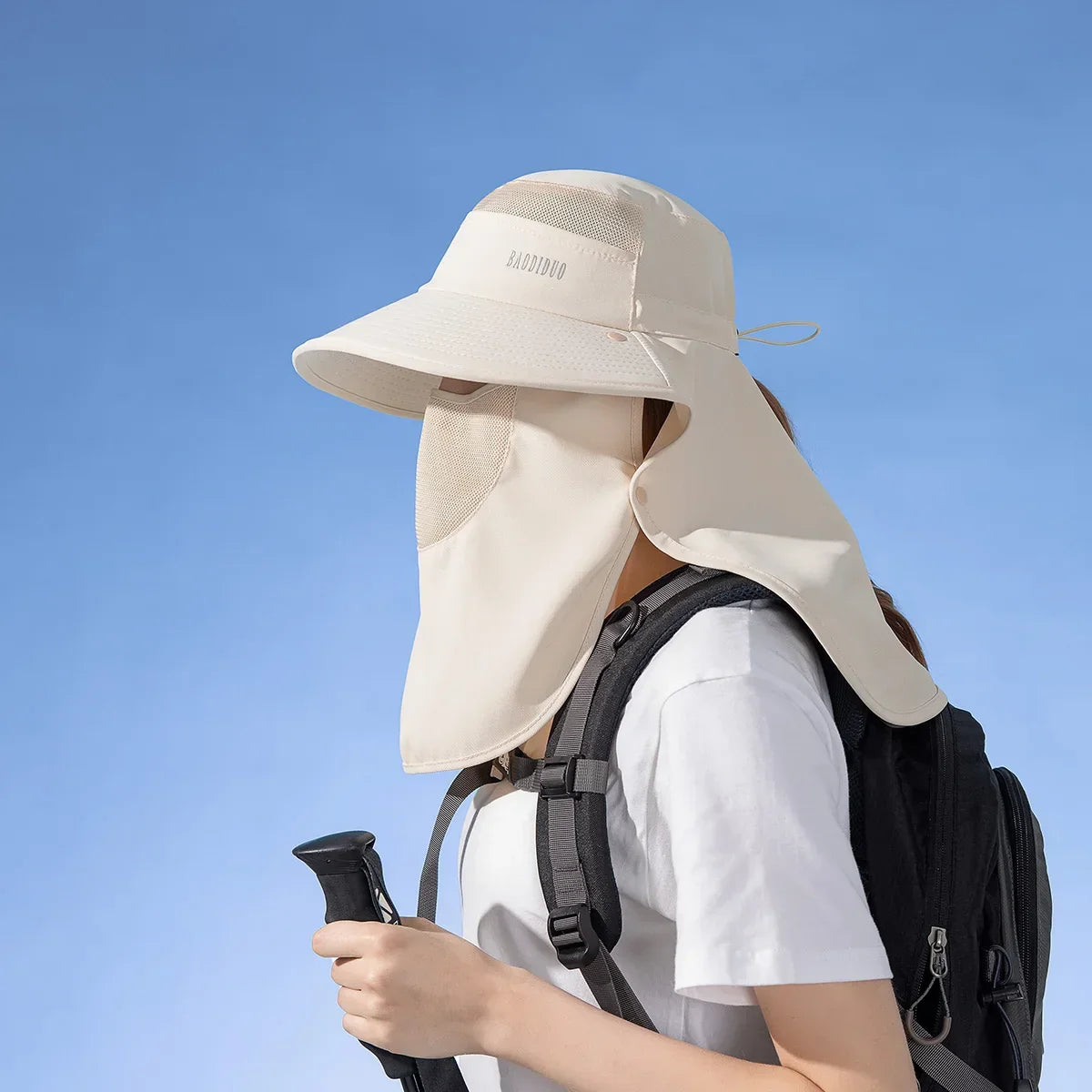 Detachable Face Mask Shawl Wide Brim Boonie Hat with Ponytail Hole - Image 5