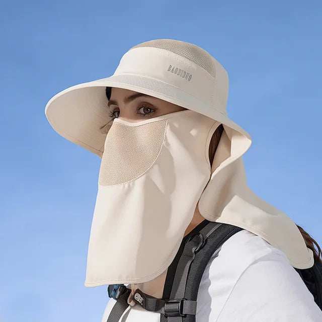 Detachable Face Mask Shawl Wide Brim Boonie Hat with Ponytail Hole - Image 11