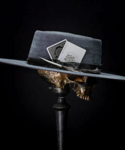 Distressed Fedora with Black Poker Card Insert Featuring Ace of Spades Adorned with Gold Text and Design