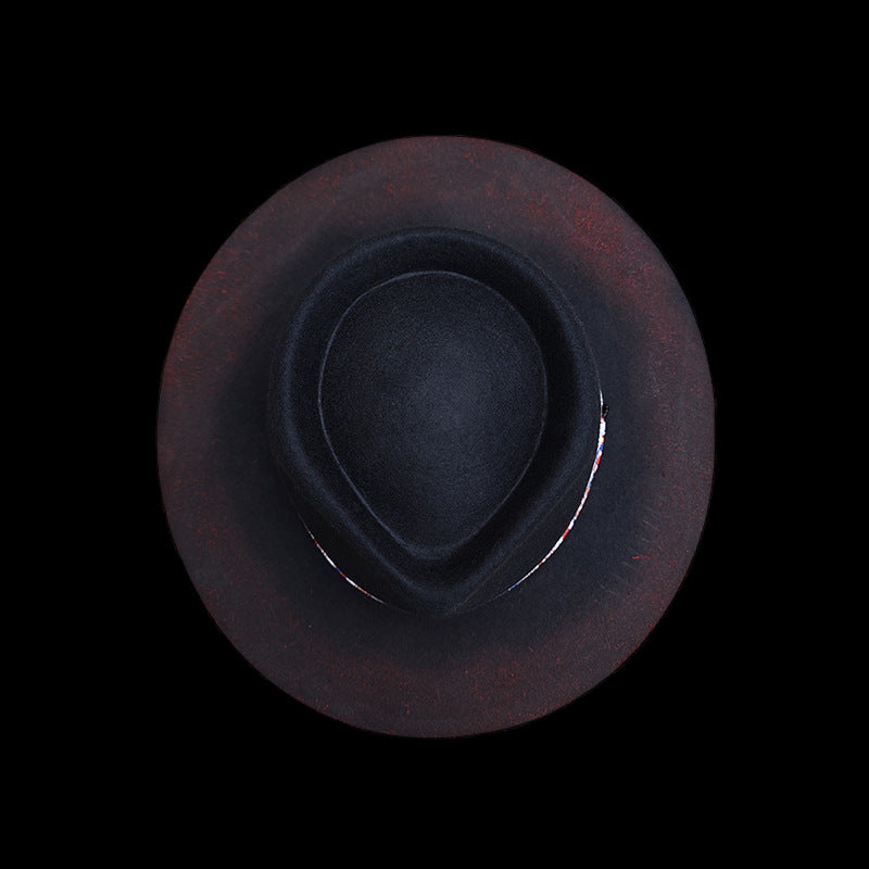 Distressed Fedora with Red and White Patterned Band - Image 4