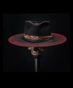 Distressed Fedora with Red and White Patterned Band
