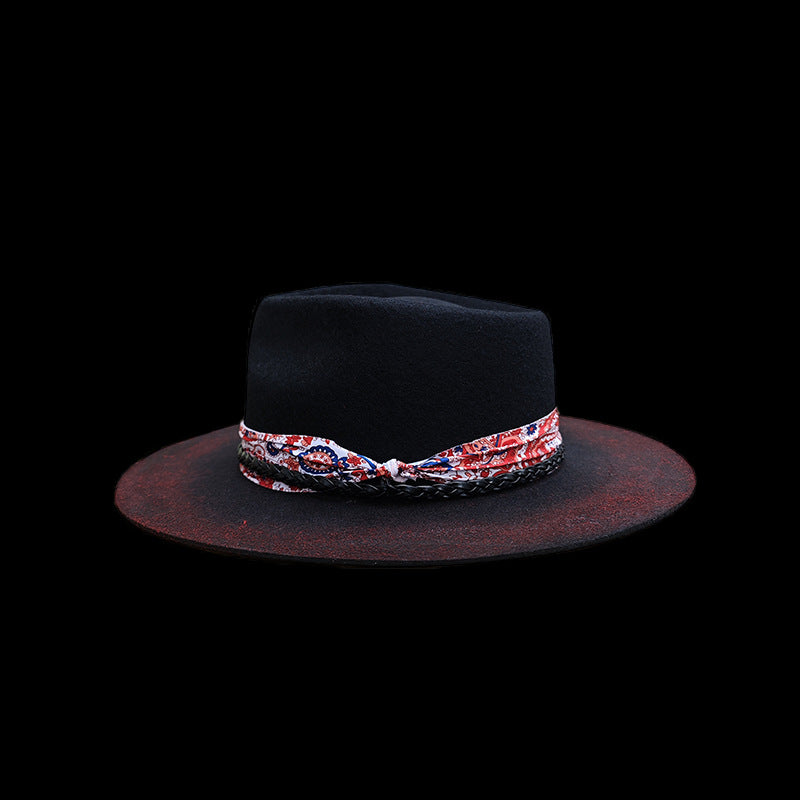 Distressed Fedora with Red and White Patterned Band - Image 6