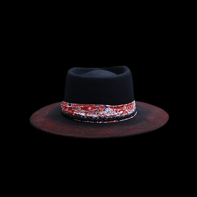 Distressed Fedora with Red and White Patterned Band - Image 2