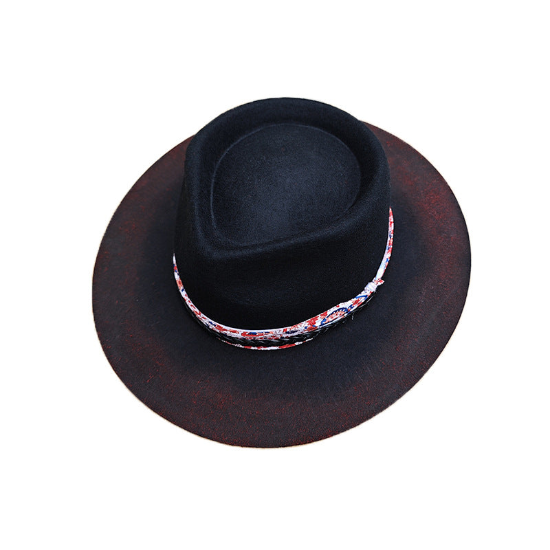 Distressed Fedora with Red and White Patterned Band - Image 5