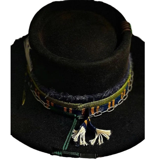 Distressed Fedora with Rounded Crown and Colorful Ribbon Adornments - Image 3