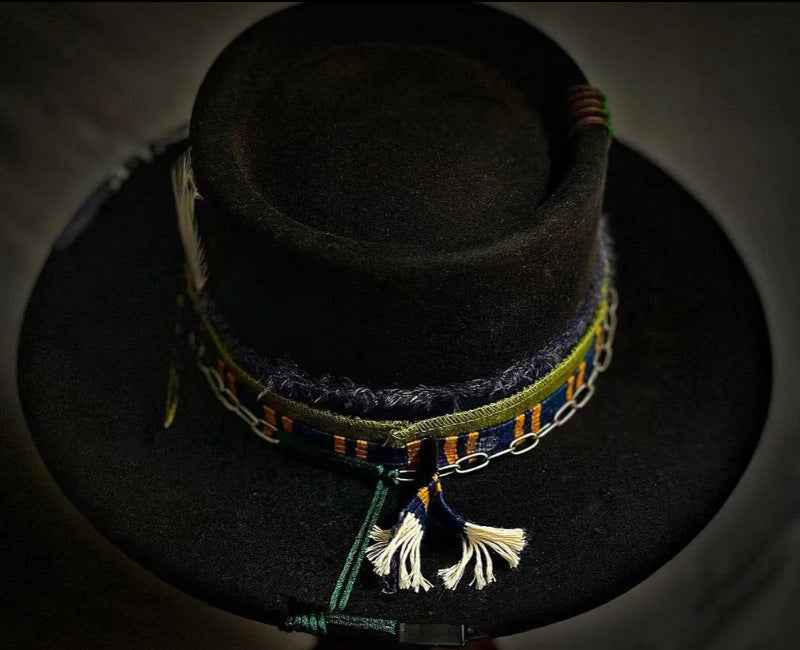 Distressed Fedora with Rounded Crown and Colorful Ribbon Adornments - Image 2