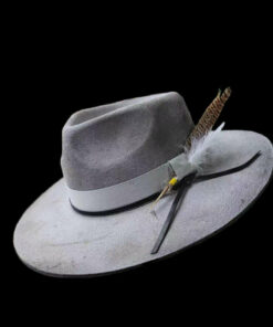 Distressed Fedora with Smoke Grey White Ribbon and Feather