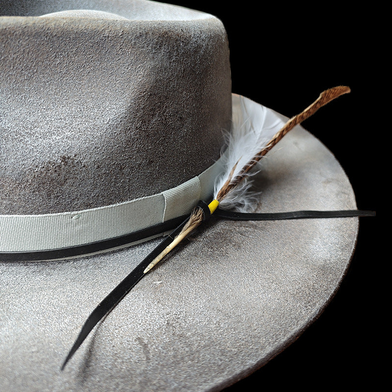 Distressed Fedora with Smoke Grey White Ribbon and Feather - Image 2