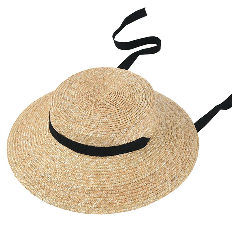 Flat Top Straw Beach Hat with Tie Top - Image 2