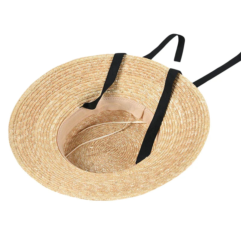 Flat Top Straw Beach Hat with Tie Top - Image 3