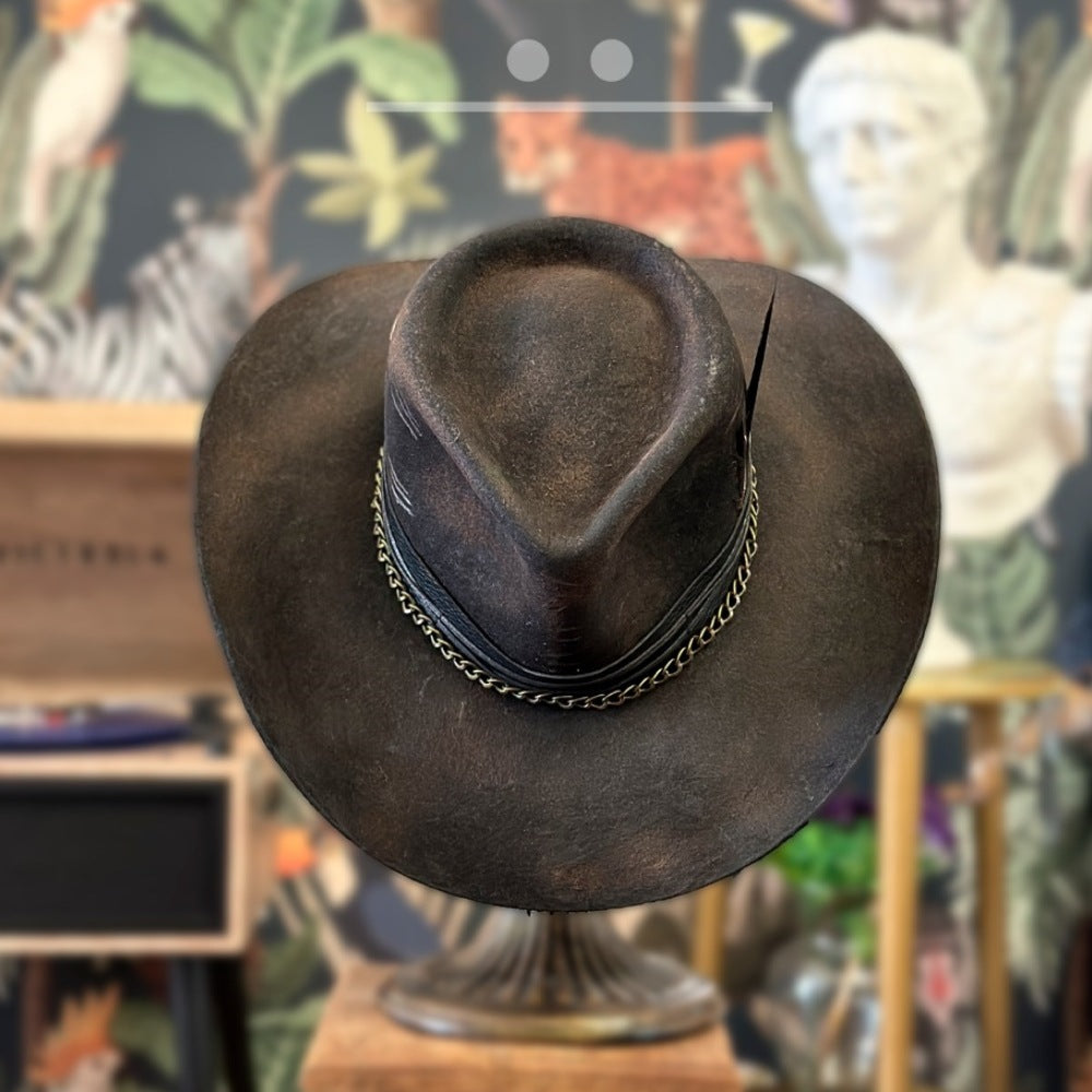 Midnight Maverick Fedora with Leather Curved Brim Conical Crown and Chain Strap - Image 3