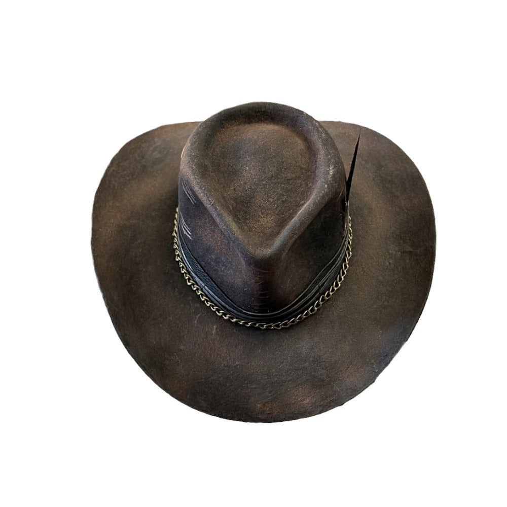 Midnight Maverick Fedora with Leather Curved Brim Conical Crown and Chain Strap - Image 5