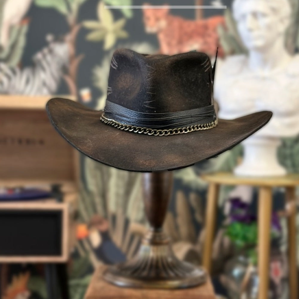 Midnight Maverick Fedora with Leather Curved Brim Conical Crown and Chain Strap - Image 2