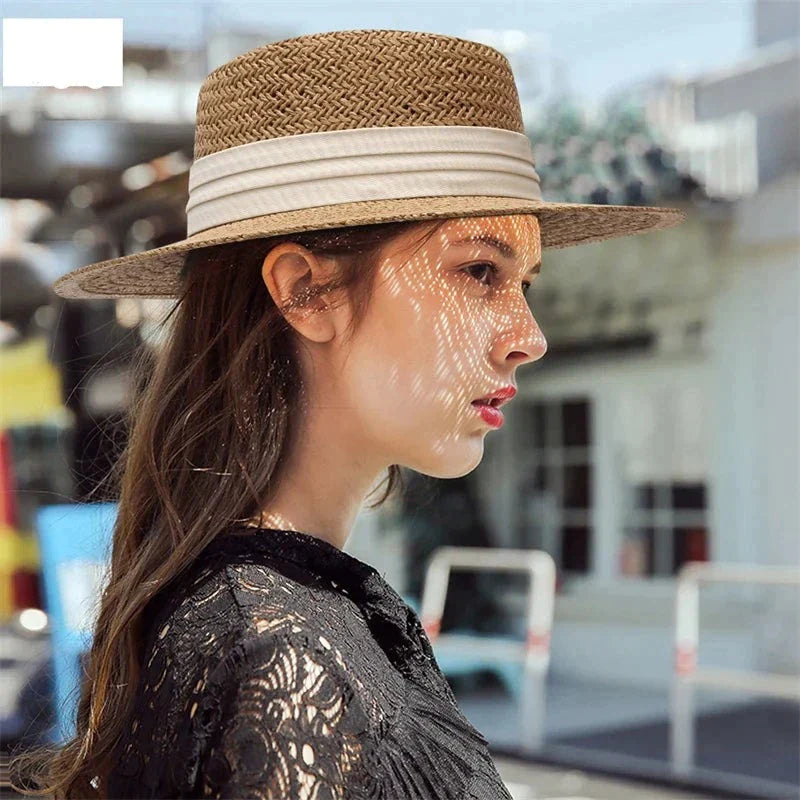 Ring Top Straw Hat Sun Protection Beach Hat with Flat Top Design - Image 2