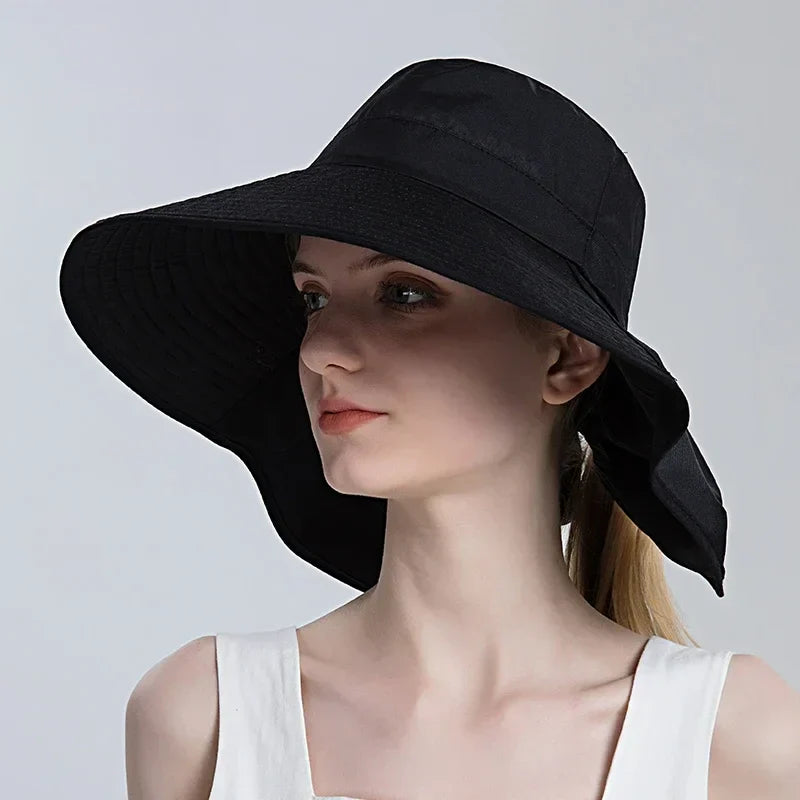 Women Outdoor Neck UV Protection Wide Brim Bucket Hat - Image 3