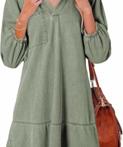 Green Puff Sleeve Jean Dress RI4