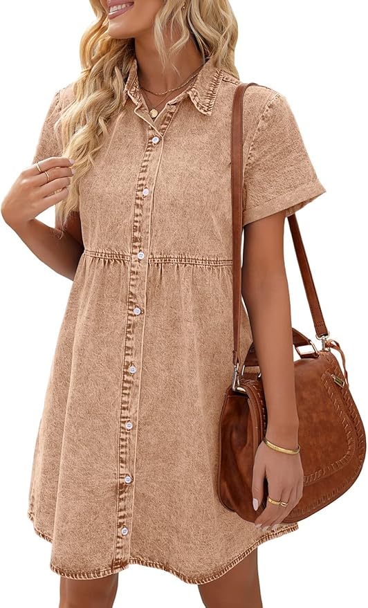 Pecan Brown Babydoll Denim Dress RI9