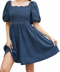 Square Neck Puff Sleeve Jean Dress RI14