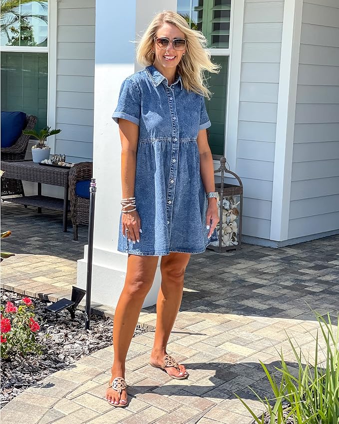 Women's Short Sleeve Denim Dress RI7 - Image 2