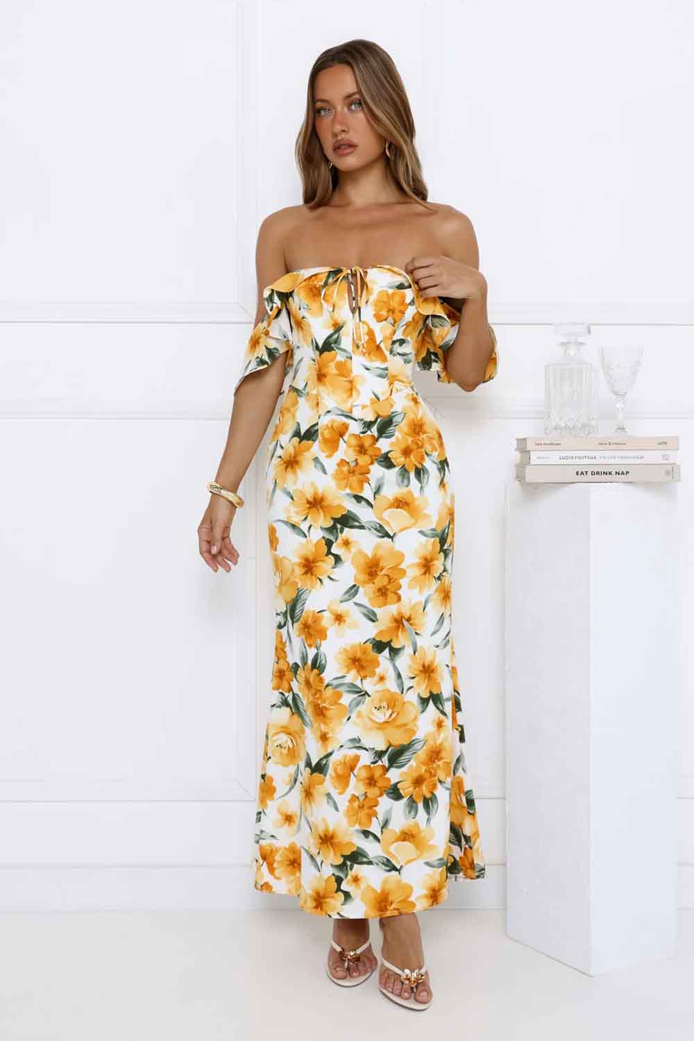 Sunflowers Off Shoulder Midi Dress Yellow Ri20