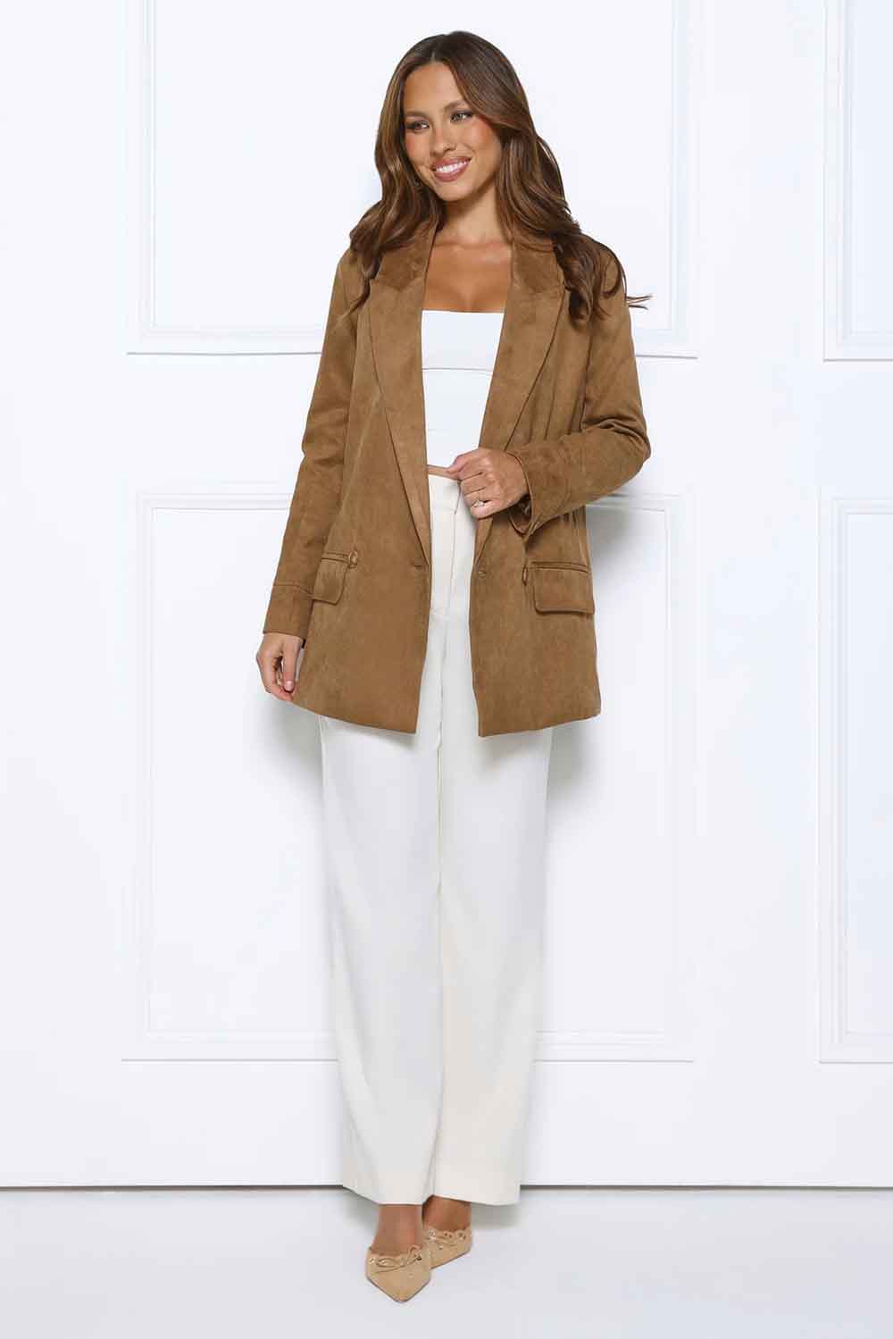 Effortlessly Professional Suede Long Sleeve Blazer Brown Ri10